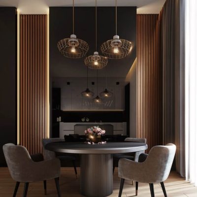 gray dining table under pendant lamps